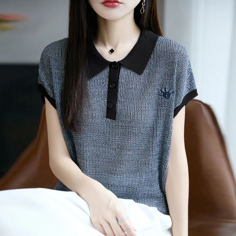 Contrasting color lapel short sleeve T-shirt female cashmere knitted loose breathable small flying sleeve top
