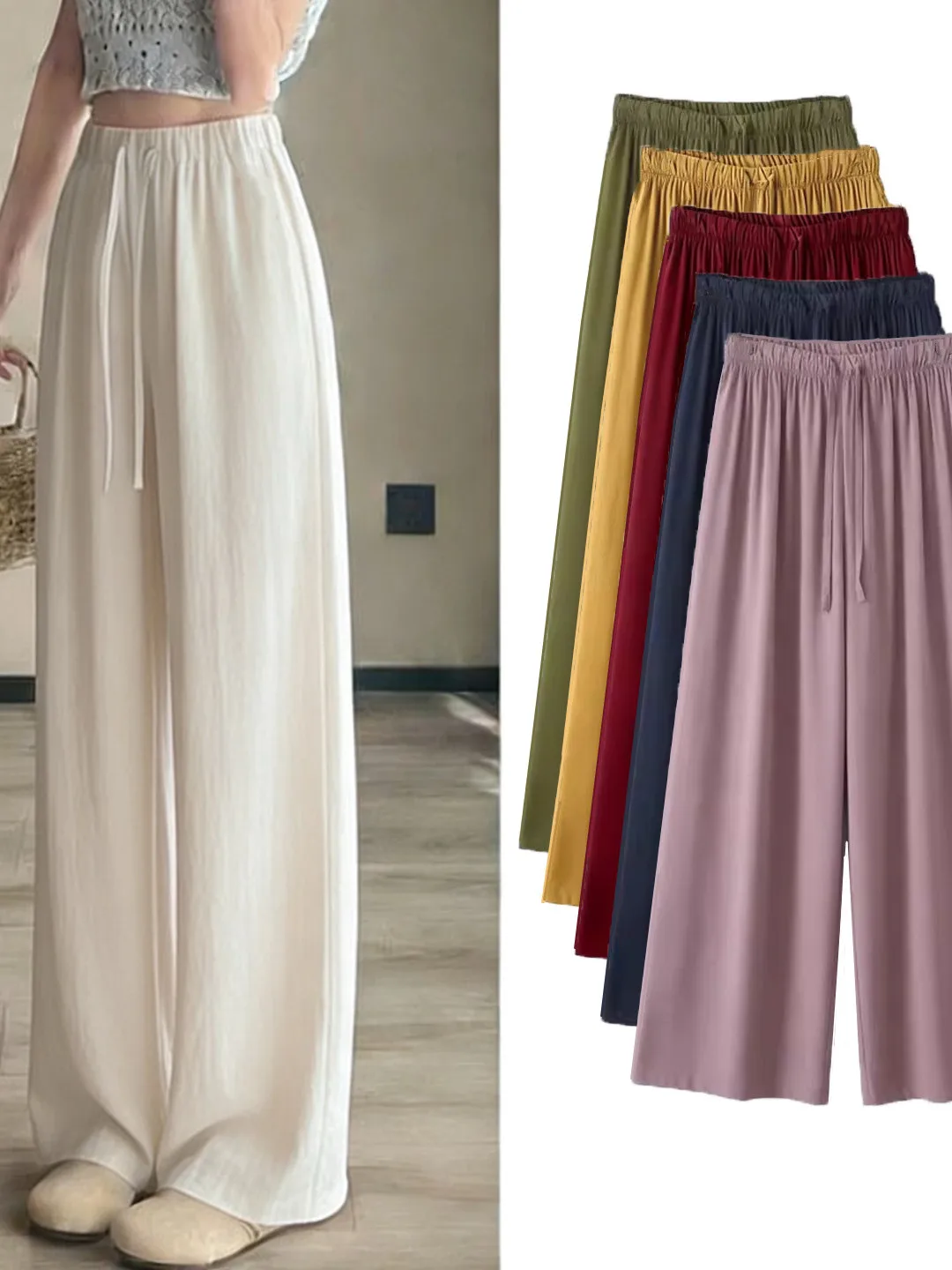 Loose Cotton Silk Wide Leg Pants Women's Drawstring Drapey Comfortable Sleepwear Home Leisure Wear Spring Summer Outfit