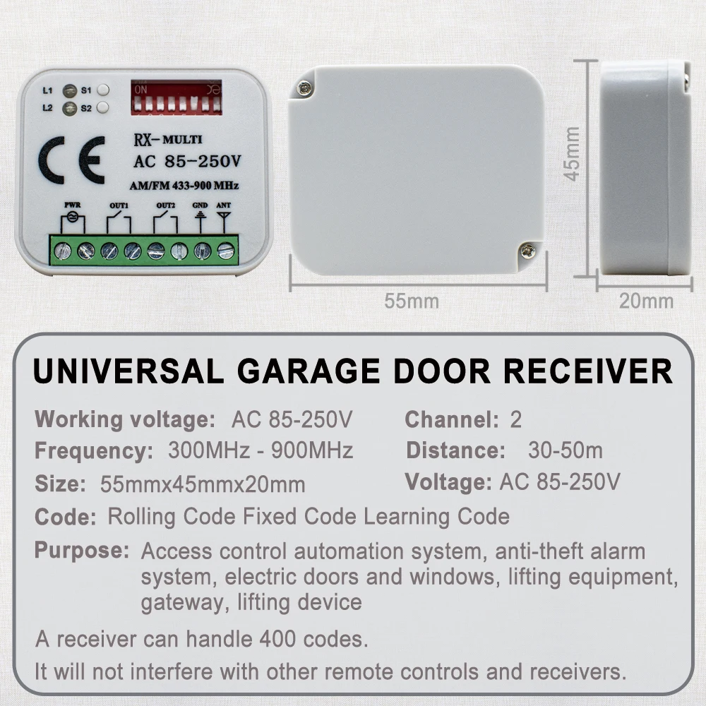 RX MULTI 433 868MHz Garage Door Opener interruttore di controllo remoto ricevitore universale AC DC 9-30V o 85-250V 2CH modulo ricevitore relè