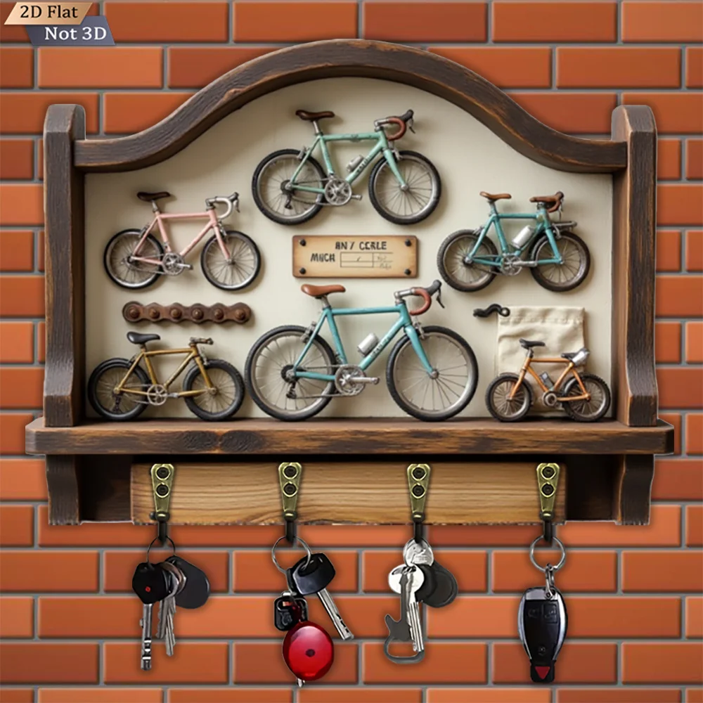 2D plano, 1 pieza, gancho de llave con forma de bicicleta vintage de madera, gancho de llave para el hogar multifuncional de madera con cuatro ganchos de metal, pared