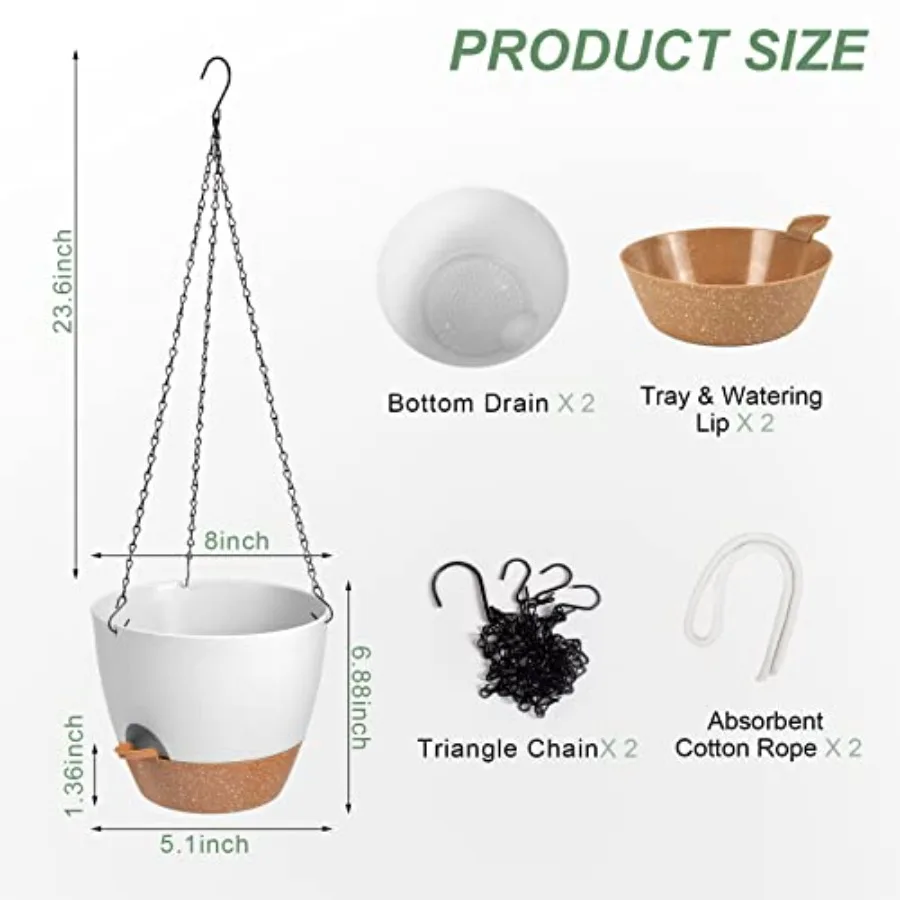 Maceteros colgantes para plantas de interior y exterior, paquete de 2 macetas colgantes de autorriego con orificios de drenaje, bandeja extraíble, color blanco, 8''