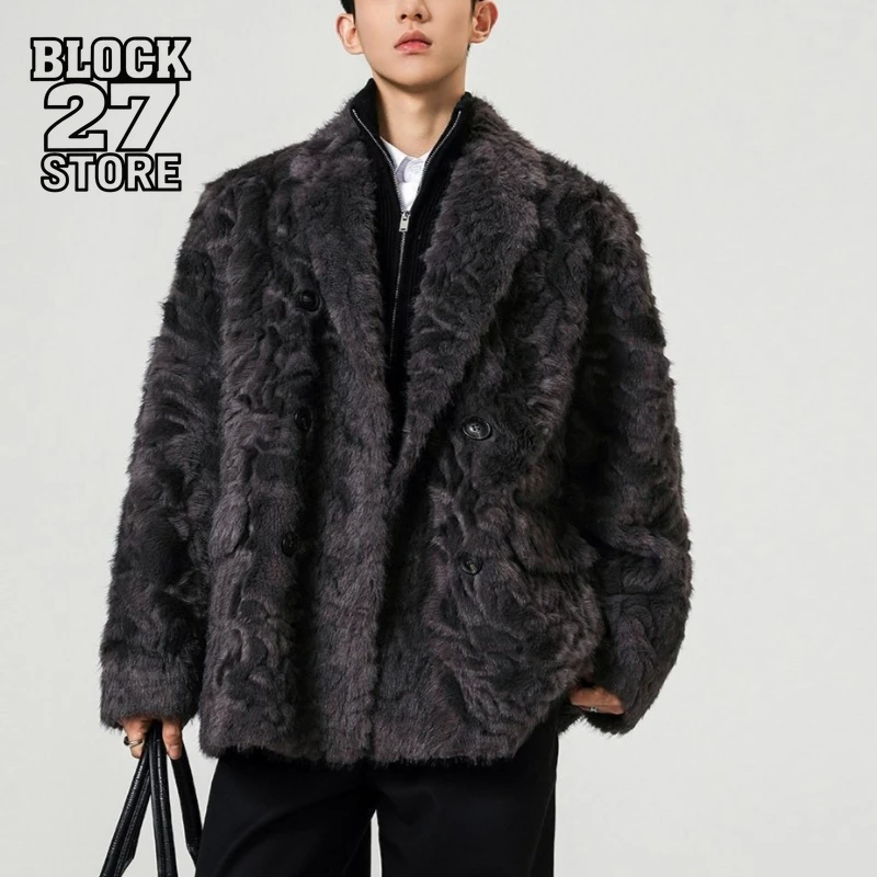 

Mens Coat Harajuku Autumn Winter Korean Style Blazer Collar Faux Fur Jacket Warm Plush Outerwear Trendy Streetwear Fashion Style