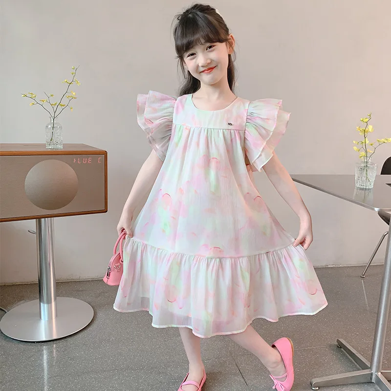 Meninas saias 2024 verão novas crianças usar menina bebê fantasia doce babados rendas manga voadora chiffon vestido de princesa casual diário