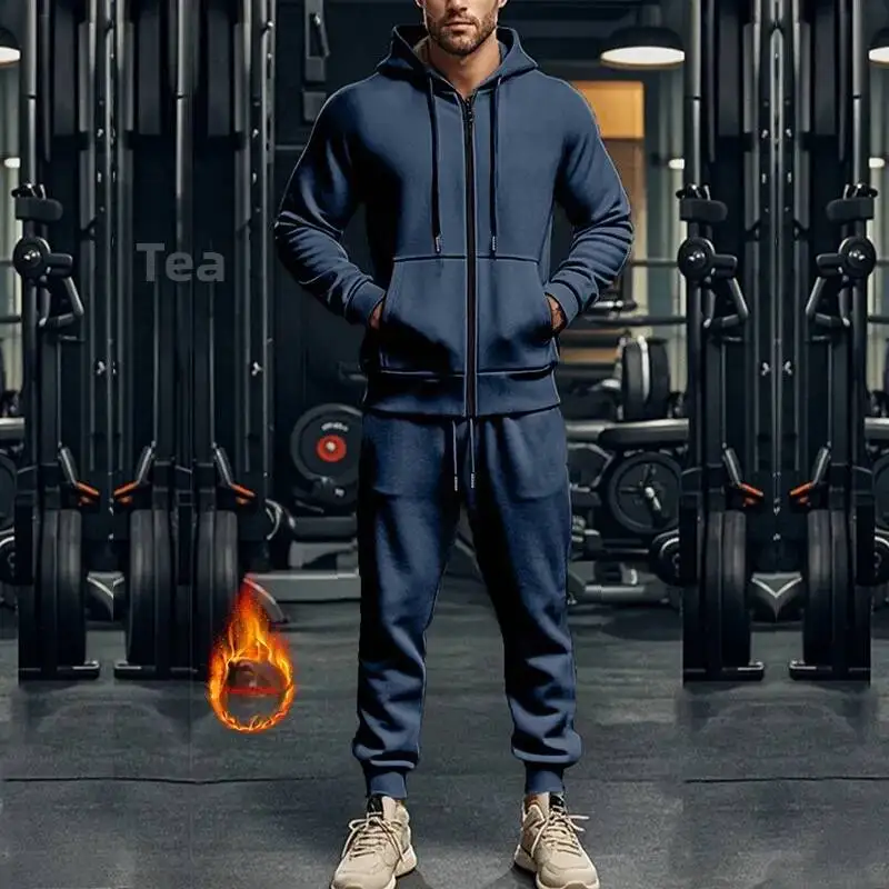 

Мужской тяжелый однотонный спортивный повседневный комплект с длинными рукавами и капюшоном, теплый костюм из двух предметов на флисовой подкладке, полиэфирное волокно