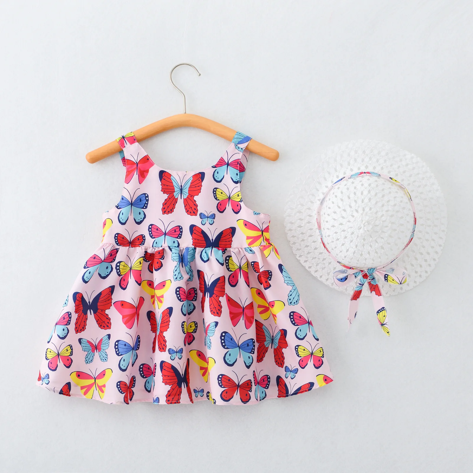New Girls Summer Thin Beach Dress Kids Cute Cartoon Heart Print Sleeveless Princess A-line Dresses Sundress + Bowknot Sunhat