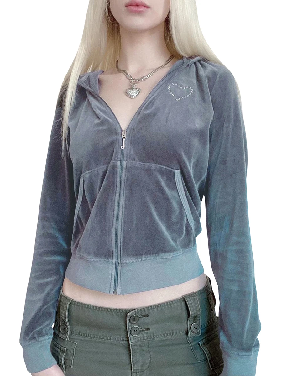 

Women Velvet Zip Up Cropped Hoodies Long Sleeve Hooded Jacket with Pocket Y2k Vintage Velour Sweatshirt for Teen Girls