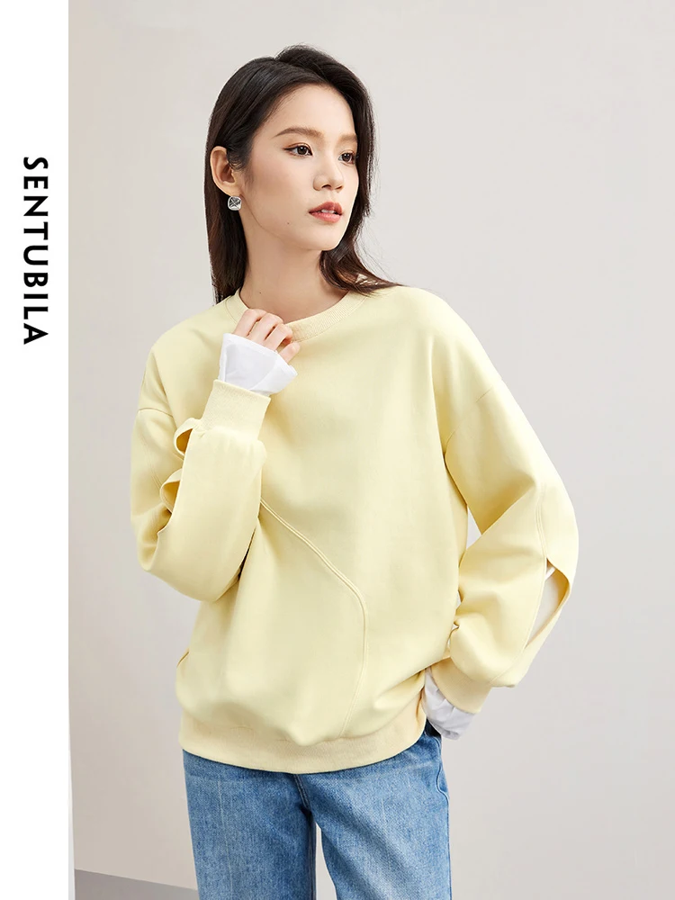 SENTUBILA Spring Hollow Out Spliced Sweatshirt 2024 Fake 2 Piece Long Sleeve Top Simple Round Neck Loose Pullovers 143A57365X