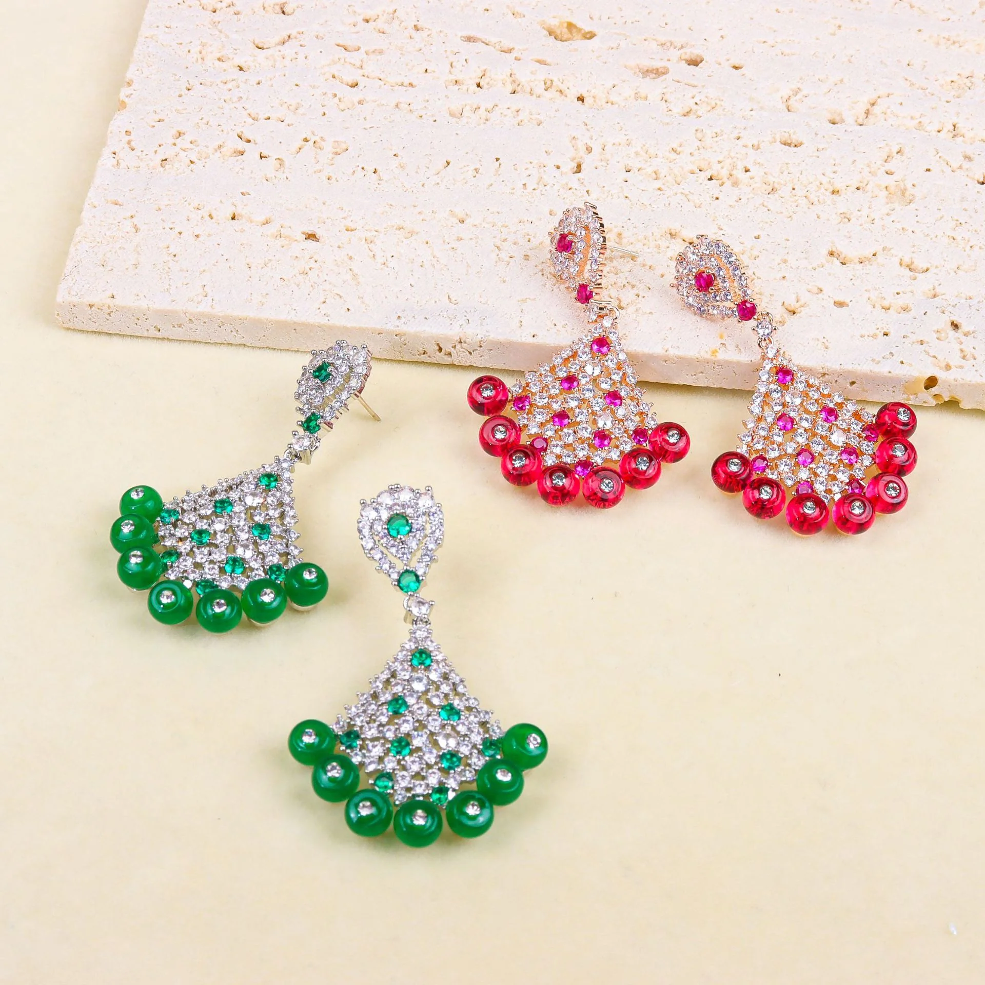 

Luxury Rose Gold Pink Ruby Fan Drop Earrings for Women, Vintage Crystal Dangle Earrings Wedding Party Jewelry Gift