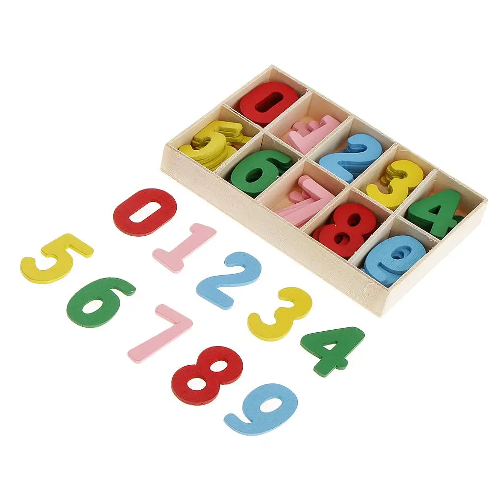 60Pcs Colorful Mini Wood 0-9 Arabic Number Embellishment With Wood Storage Tray for Kids Educational Toys Games for DIY Crafts