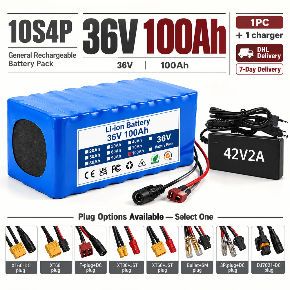 Pacco batteria ricaricabile universale da 36V 100Ah 10S4P con modello GB-BP-36V-100Ah-10S4P e opzioni di spina selezionabili per biciclette elettriche, scooter, veicoli per la mobilità, accumulo