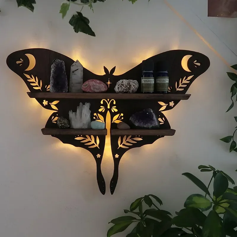 Luna traça lâmpada prateleira de cristal rack armazenamento óleo borboleta exibição parede madeira decoração montagem na parede sala estar casa organizador prateleira