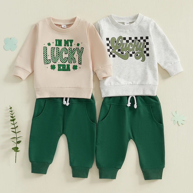 Boy Irish Day Outfit Sets Long Sleeve O Neck Checkerboard Letter/Letter Clover Print Tops Solid Color Drawstring Pants Sets