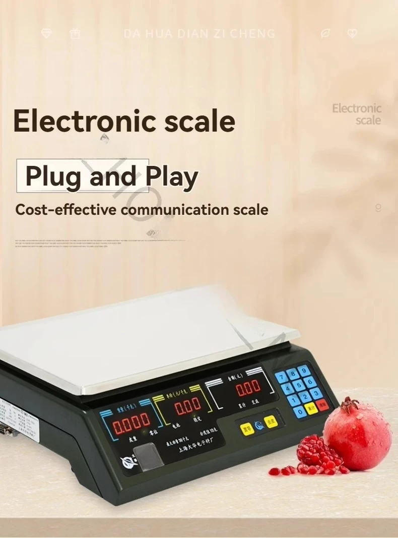 Electronic scale with serial port communication, suitable for commercial use, connects to cash registers. Models: ACS-15ab/30ab
