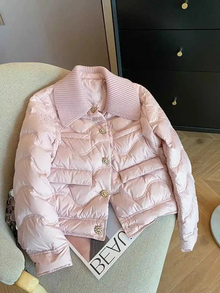 French Pink Long Sleeve Warm Cotton Jacket Women Winter Single Breasted Straight Outerwear 2024 New Lady Padded Coat