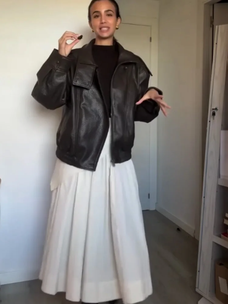 

HH Spring Women Fashion Fluffy Scarf Decoration Skirt High Street Female Pleated Side Zipper Casual Commuting Solid Midi Skirt