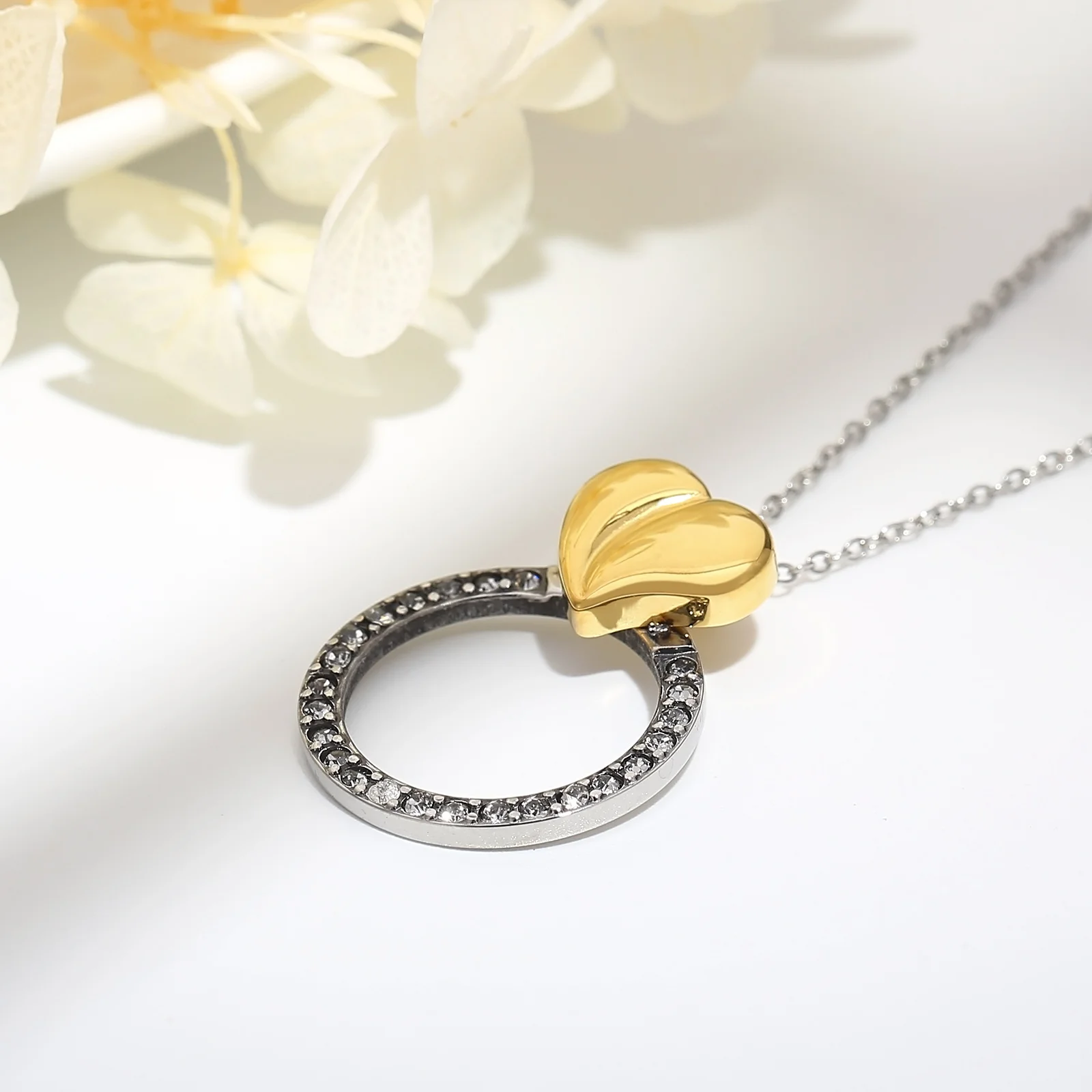 Kalen Crystals Heart Choker Necklace & Earrings Sets Stainless Steel Round Circle Clavicle Necklace for Women Jewelry