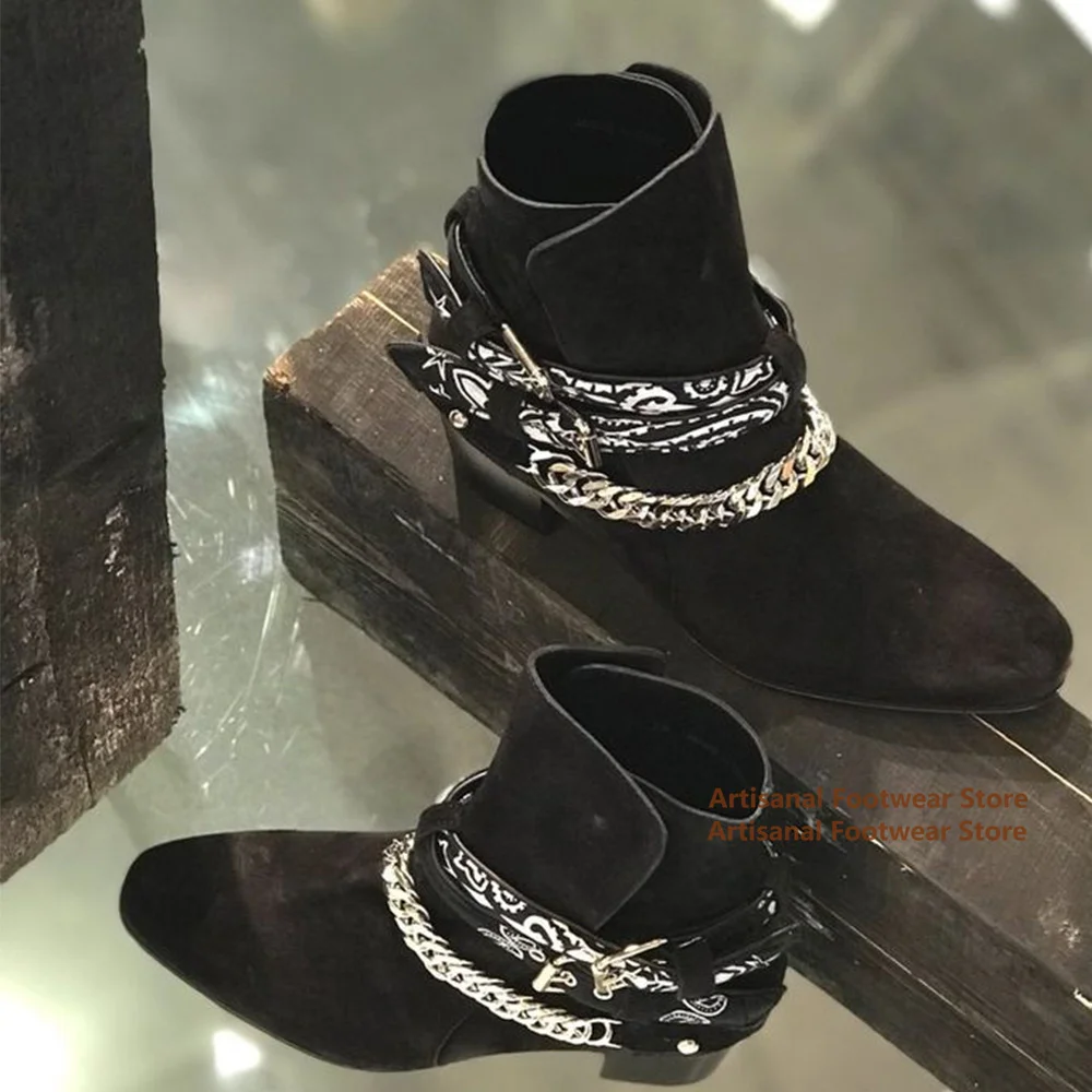 

Metal Chains Chelsea Boots Buckle Strap High-Top Men's Booties Luxury Designer Handmade Height Increased Men Shoes Men Boots