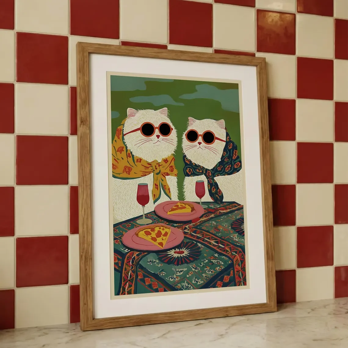 Chic Pizza & Wine Cat Wall Art - Stylish Print Celebrating Feline Friendship. The Bold Green Backdrop and Vibrant Tablecloth Cre