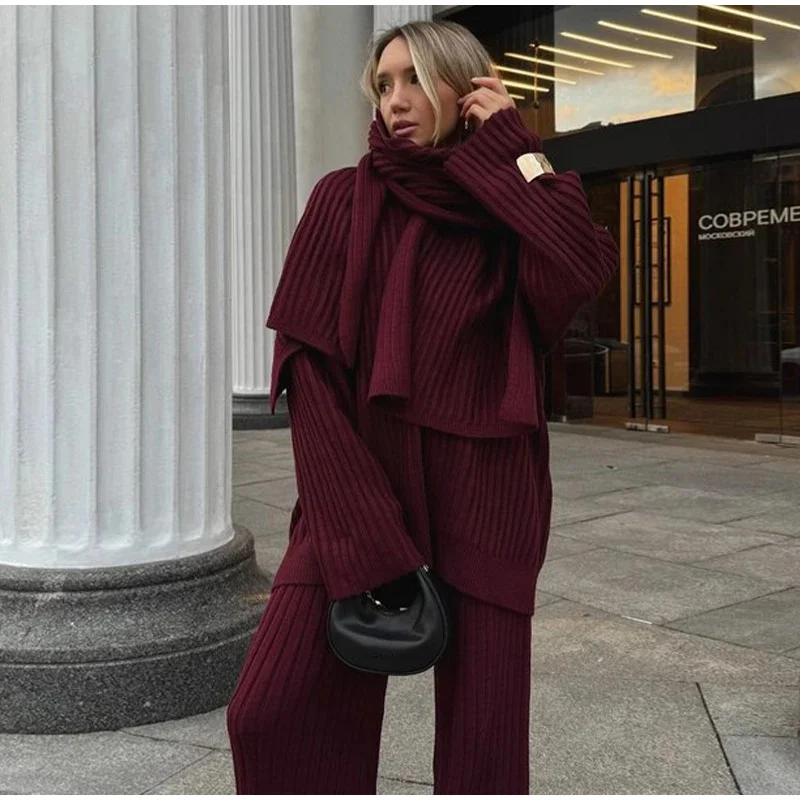 Fashion Burgundy Scarf Collar Sweater Pants Set Women Oversize Knit V-neck Pullover Wide Leg Trouser 2024 Autumn Knitwear Outfit