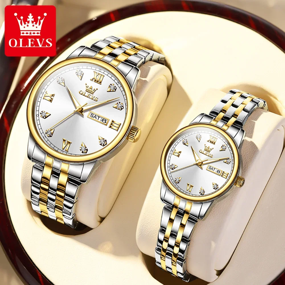 OLEVS Fashion Quartz Watches for Couple Luxury Golden Stainless Steel Couple Watches Waterproof Luminous Ladies Wristwatch Reloj