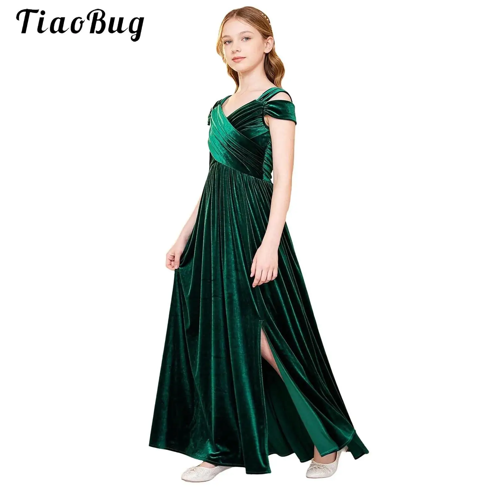 Kids Flower Girls Party Gown Cold Shoulder Cross Front Ruched Side Slit Floor Length Velvet Dress for Wedding Pageant Birthday