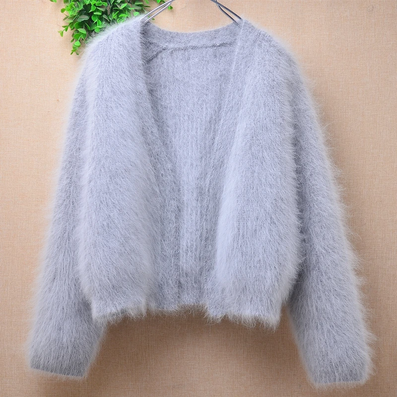 

Ladies Women Fall Winter Clothing Grey Hairy Mink Cashmere Knitted Long Sleeves Short Style Slim Cardigans Mantle Jacket Sweater