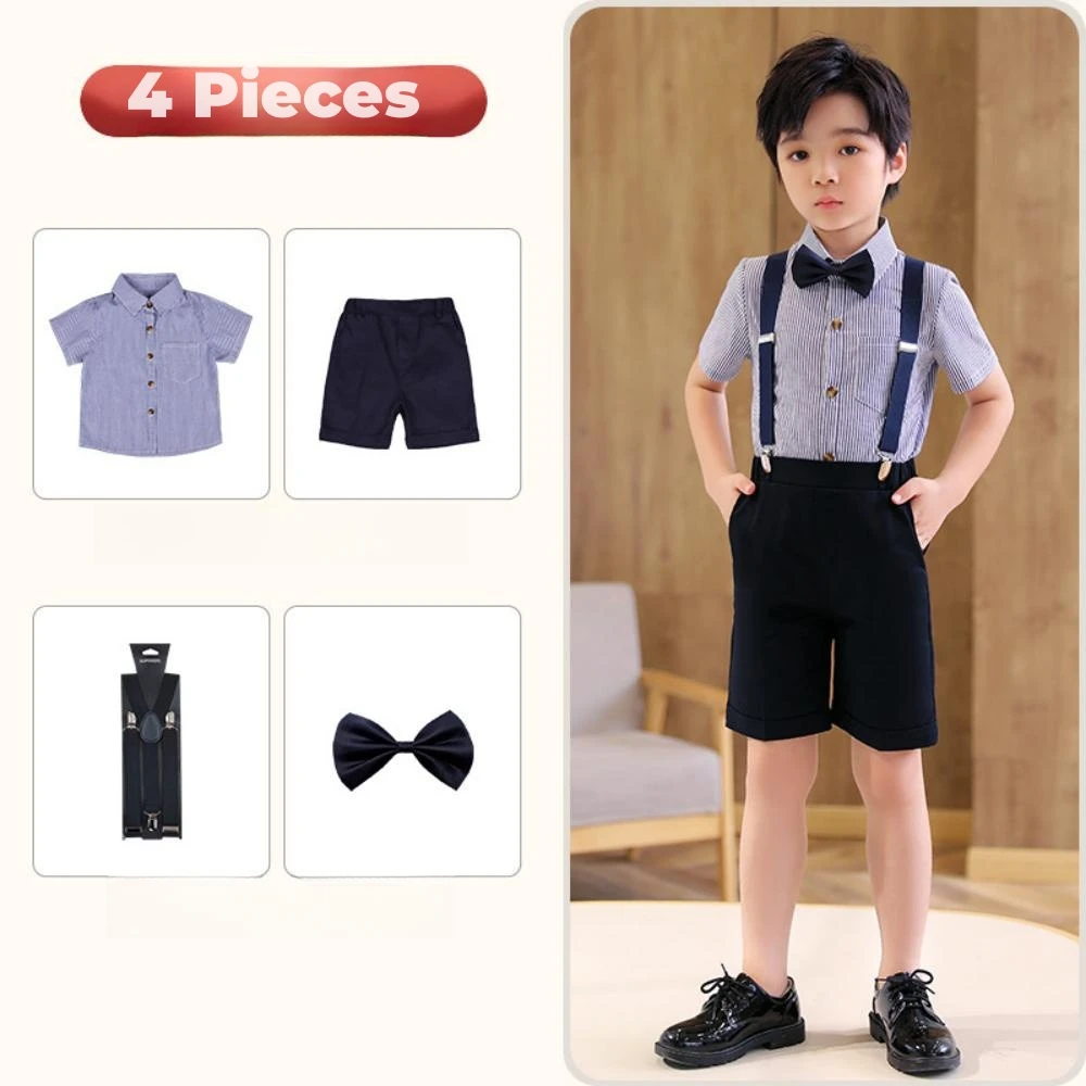 حار بيع الاطفال وزرة مجموعات 4 قطع مخطط قميص بذلة ربطة القوس فيونكة حلقة حامل الزي مريحة الأولاد ملابس حفلة عيد ميلاد