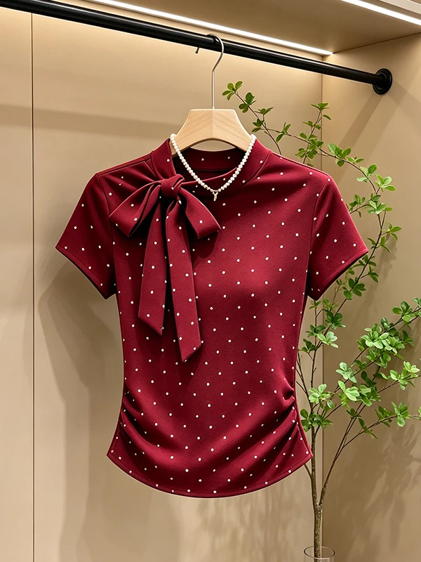 

Fashionable Retro Polka Dot Bow Tie Short Sleeve Shirt Women's Summer New Korean Style Loose Top Knot Commute Style