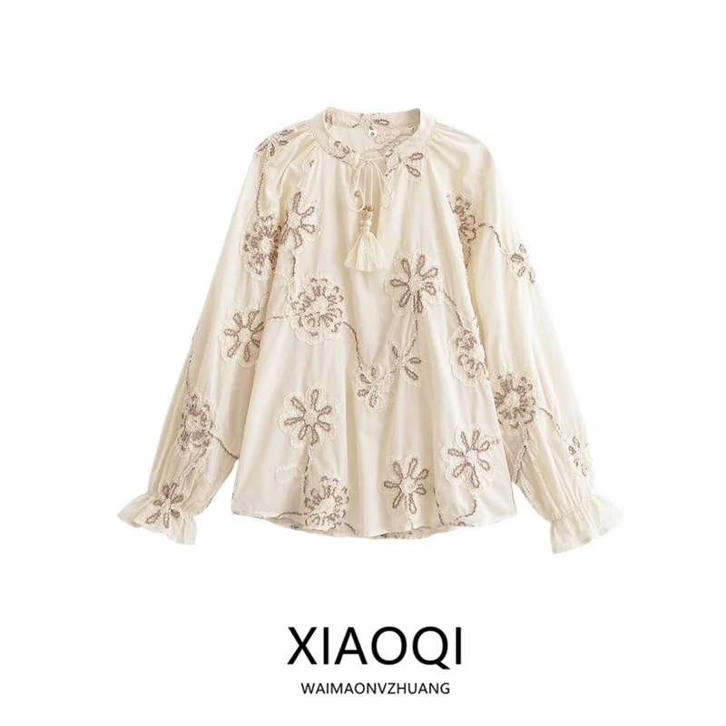 

Женская блузка с вышивкой и цветочным узором, модный дизайн, летняя новинка 2025, с длинным рукавом, воротником-стойкой, свободного кроя