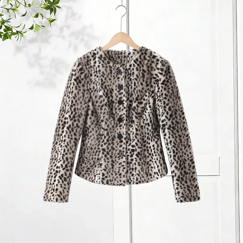 Kunstfell-Leopardenmuster Cropped-Jacke für Damen Rundhals Einreihiger Flauschiger Plüschmantel 2026 Vintage Y2K Oberbekleidung – Detail 3
