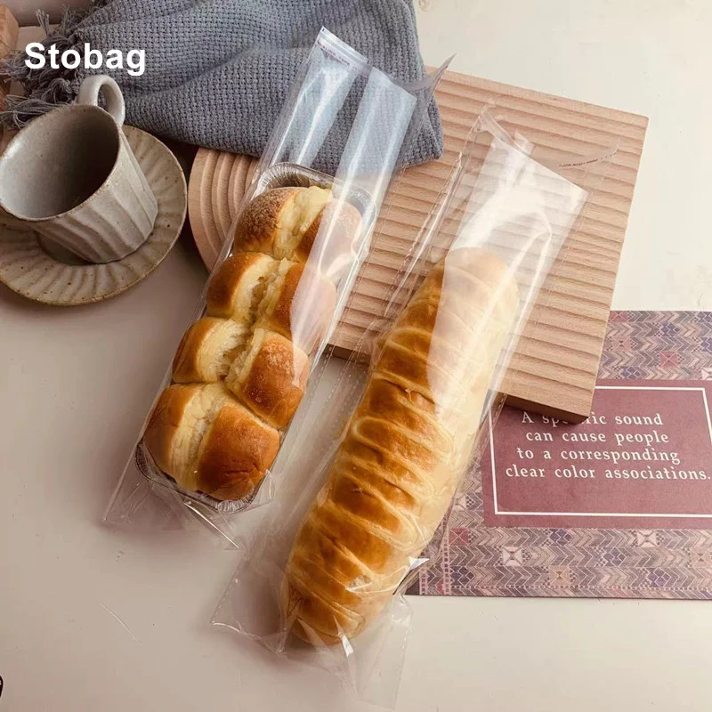 StoBag 100pcs Transparent Long Bread Food Sealed Packaging Bag Self-adhesive Plastic Clear Baking Handmade Pouch Party Favors