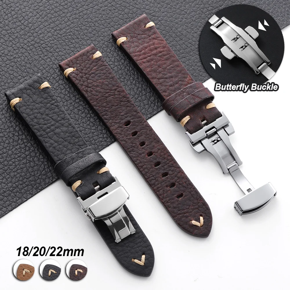 

18mm 20mm 22mm Handmade Genuine Cowhide Watch Strap Vintage Brown Black Watch Band Butterfly Buckle Universal Men Women Bracelet