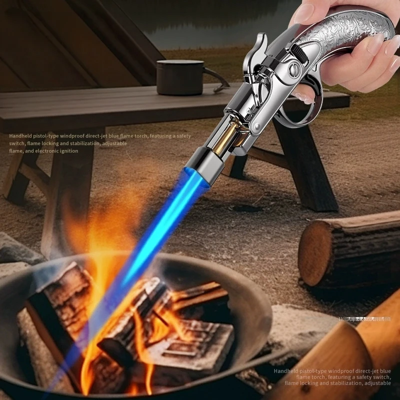 New Big Flame Creative Gun Type Inflatable Lighter Metal Windproof Jet Flame Outdoor High Temperature Cigar Lighter