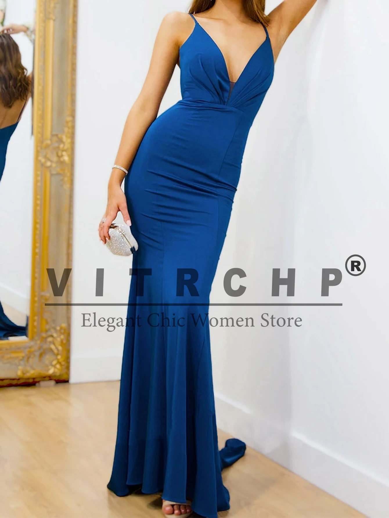VITRCHP Sexy Backless Mermaids Stretch Satin Evening Night Party Dress V Neck Ruched Bridesmaid Dresses Vestido
