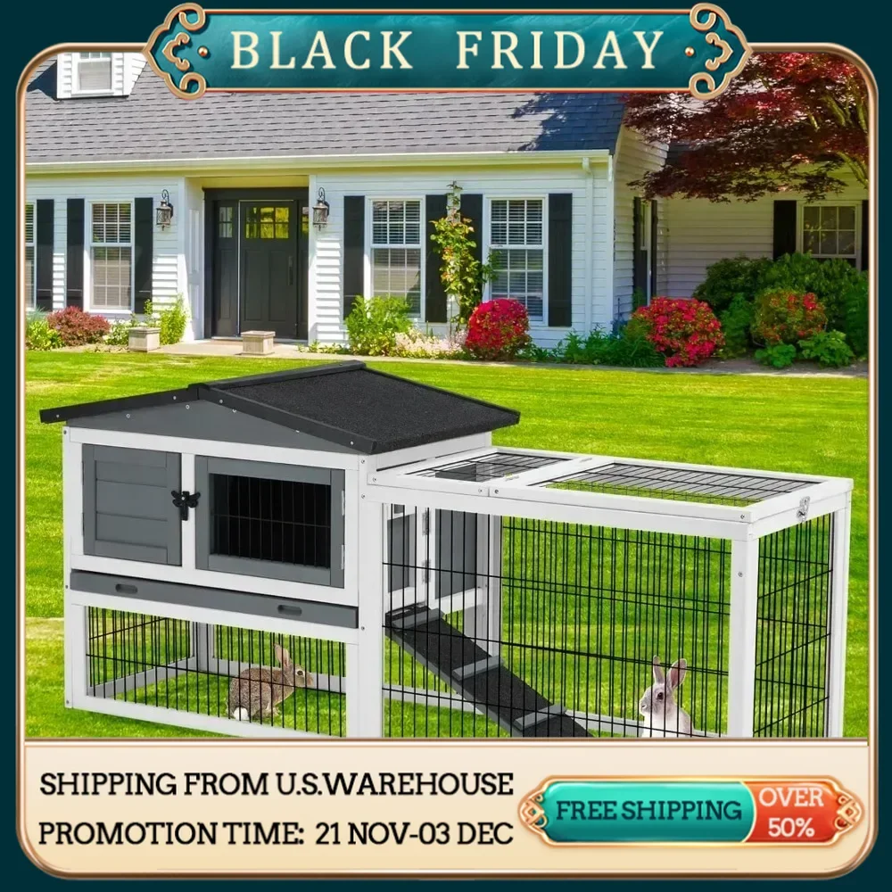 Rabbit Hutch Outdoor Rabbit Cage with 2-Level Area, Waterproof Roof, 4 Access Doors, Non-Slip Ramp Guinea Pig Cages Chicken Coop