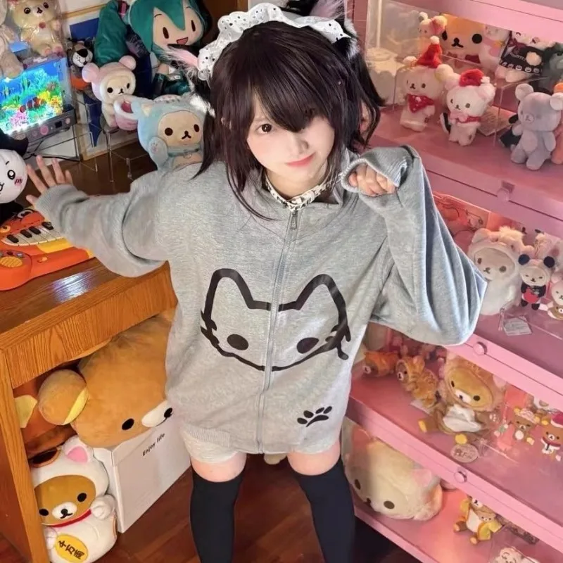 Hoodie Mantel dünne Katzen Reiß verschluss Sweatshirt Stehkragen Langarm Reiß verschluss Frau Frühling Sommer Japan schöne Strickjacke Mantel