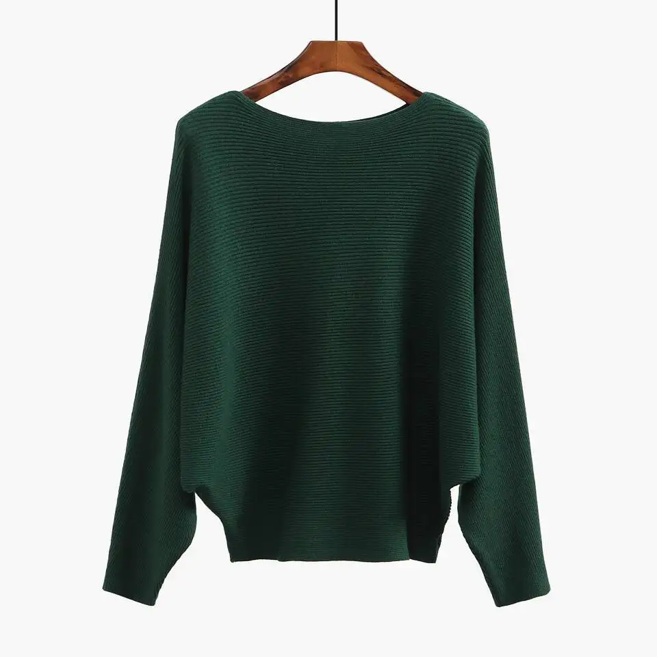 2026 New Women Batwing Sleeve Knit Sweater Loose Boat Neck Pullover Jumper Solid Color Casual Tops For Autumn Winter Daily Wear