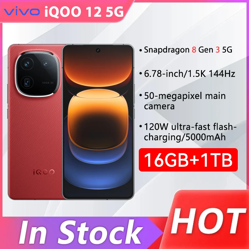 Оригинальная перископическая телеобъективная камера ViVO iQOO 12, 16 ГБ, 1 ТБ, Snapdragon 8 Gen 3, 64 МП, IP68, 5000 мАч, 120 Вт, суперзарядное устройство Google Play