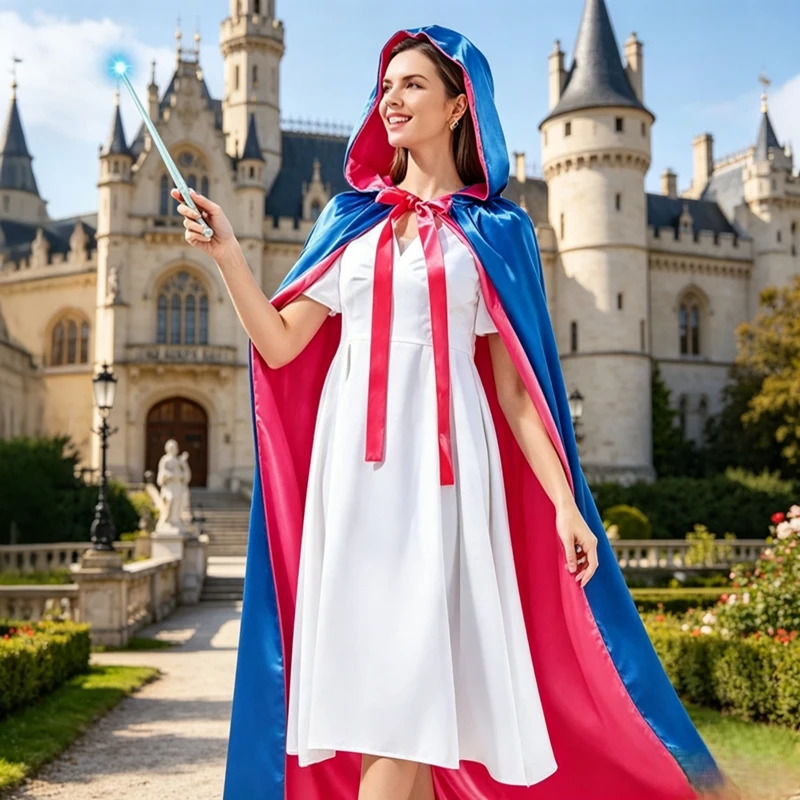 Capa con capucha de doble cara para Halloween con cinturón, rojo y azul, ambiente festivo, traje de cosplay, disfraz tradicional chino para mujer