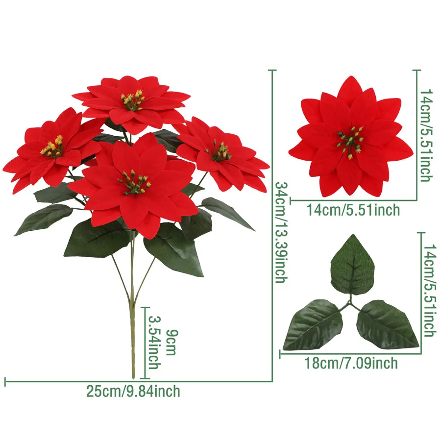 قطعتان من باقة عيد الميلاد الاصطناعية مع البونسيتة الحمراء والأوراق الخضراء ديكور داخلي وخارجي واقعي لحفلات الزفاف وعيد الميلاد #6