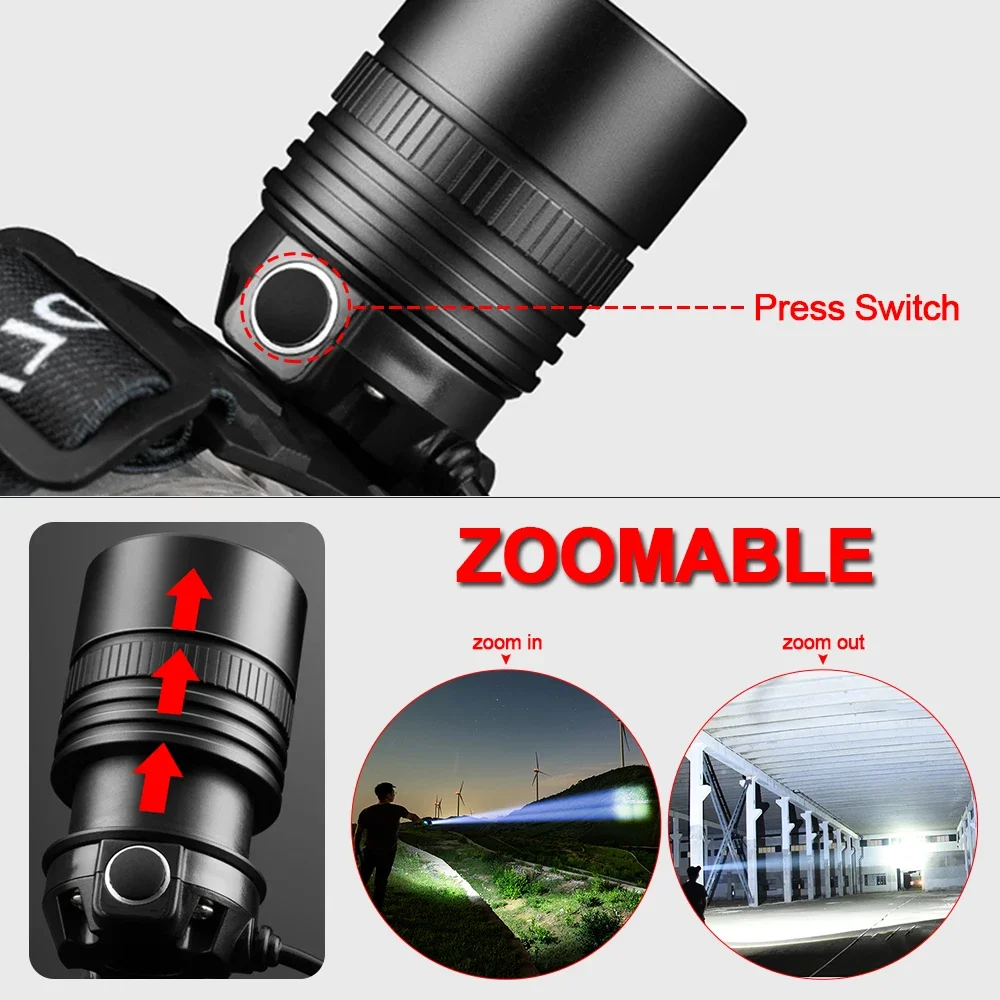 Powerful XHP90 LED Headlamp USB Rechargeable Headlight Zoomable Bright Spolight Waterproof Camping Fishing 18650 Head Flashlight