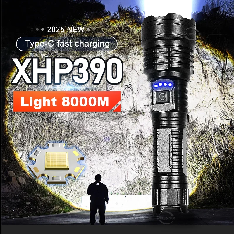 XHP390 High Strong Power Led Flashlights Tactical Torch with Display Light USB Rechargeable for Camping Fishing Zoomable Lantern