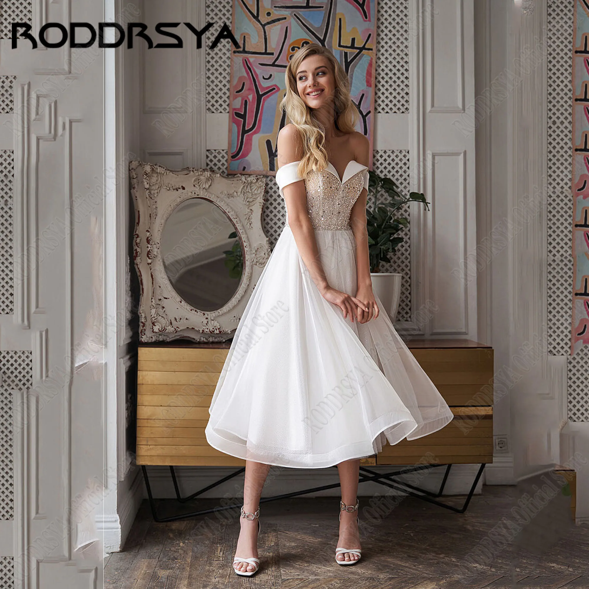 RODDRSYA Shiny Tulle Wedding Dress Sequined Off Shoulder V-Neck A-Line Bride Gowns 2024 Beading Tea-Length vestidos de novia