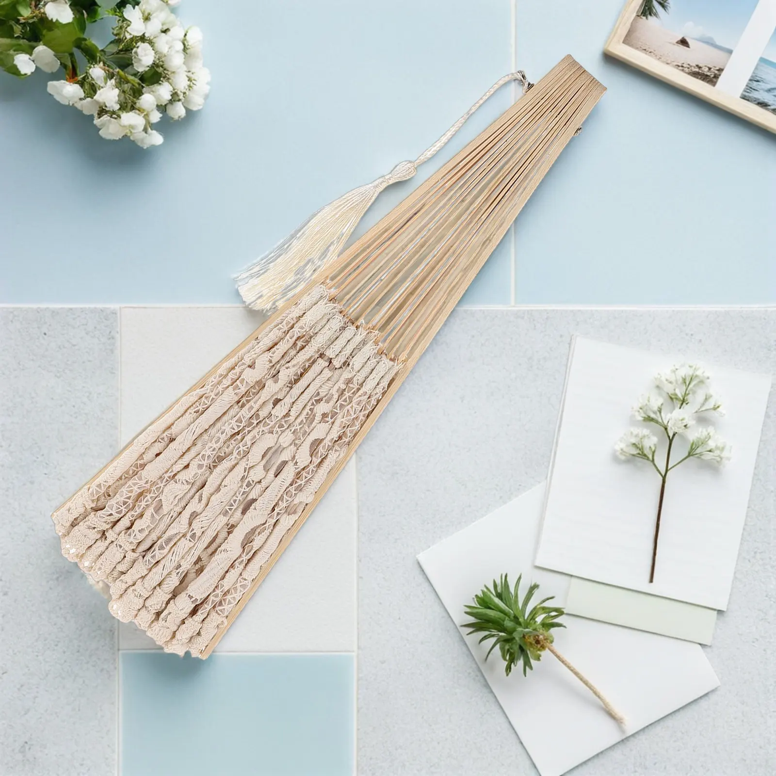 Lace Folding Hand Fan 19 Inch Bamboo Frame Tassel Wedding Bridal Shower Dance Party Decor White