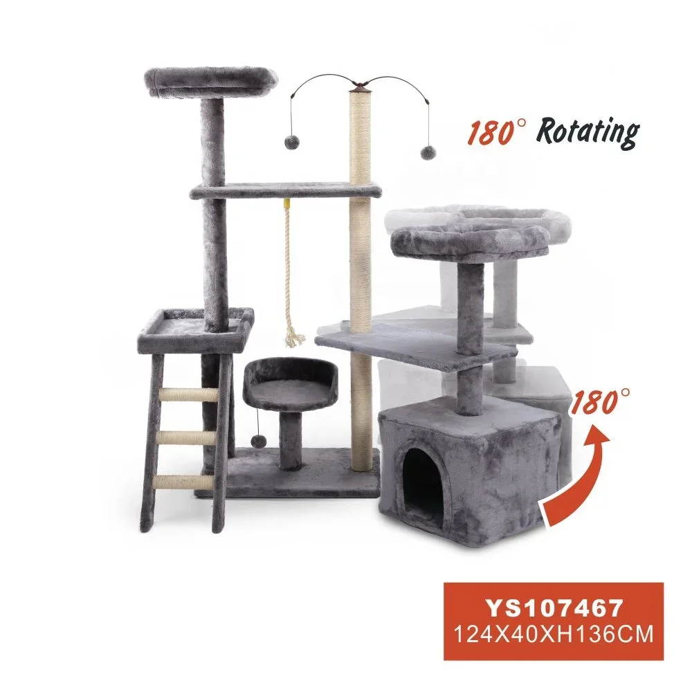 

-Petstar Modern Wall Corner Adjustable Rotatable Big Cat Heavy Scratching Tree Wood Tower Condo Cat Tree