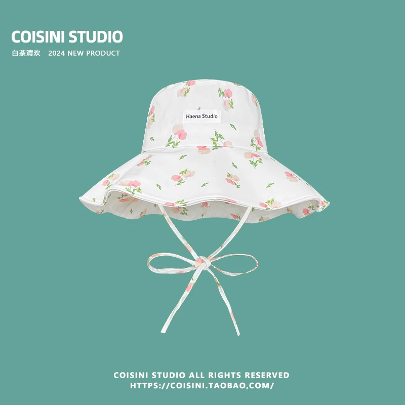 Fresh Floral Lotus Leaf Edge Strap Women\'s Caps Spring and Summer Big Brim Show Face Small Sweet and Cute Sunscreen Bucket Hat