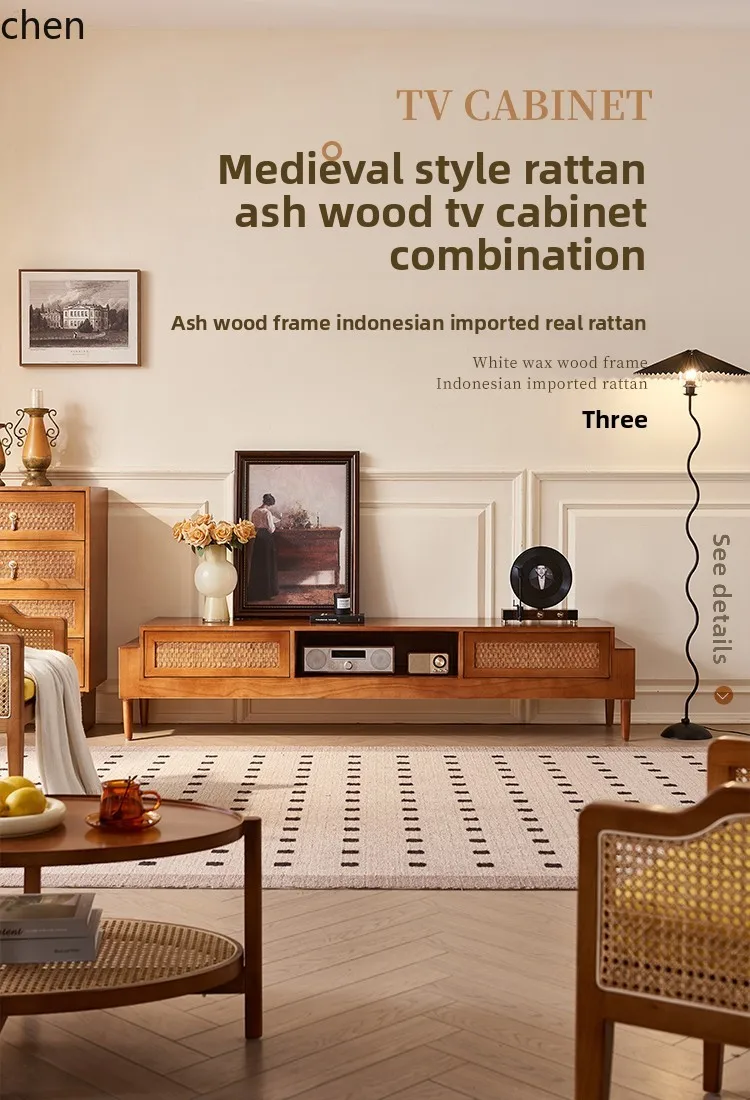 

LXC Solid Wood Rattan TV Cabinet Living Room Home Simple Modern Small Apartment Floor Cabinet TV Stand