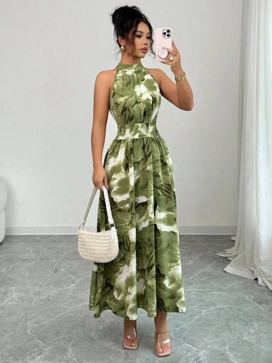 

Olive Green Watercolor Leaf Print Sleeveless Halter Maxi Dress With Elastic Smocked Waist And Flowy A-Line Cut