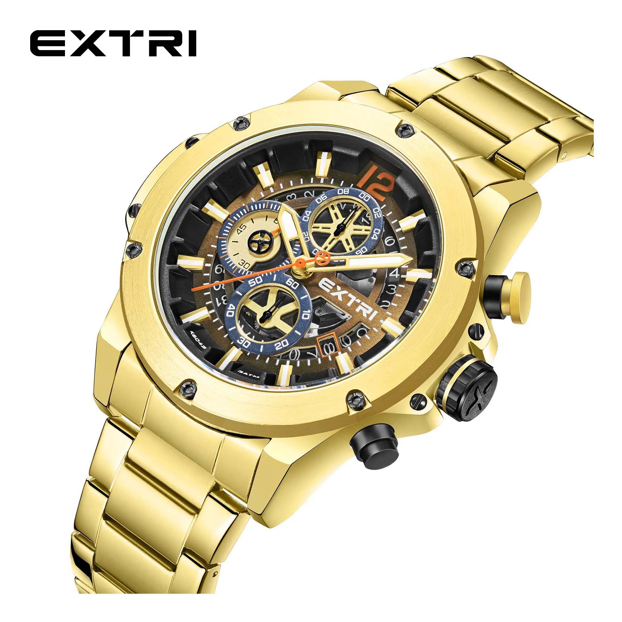 Extri Branded Watch for Men Original Design Stainless Steel Back  Gold Chronograph Watches Waterproof Male Dress with Gifts Box