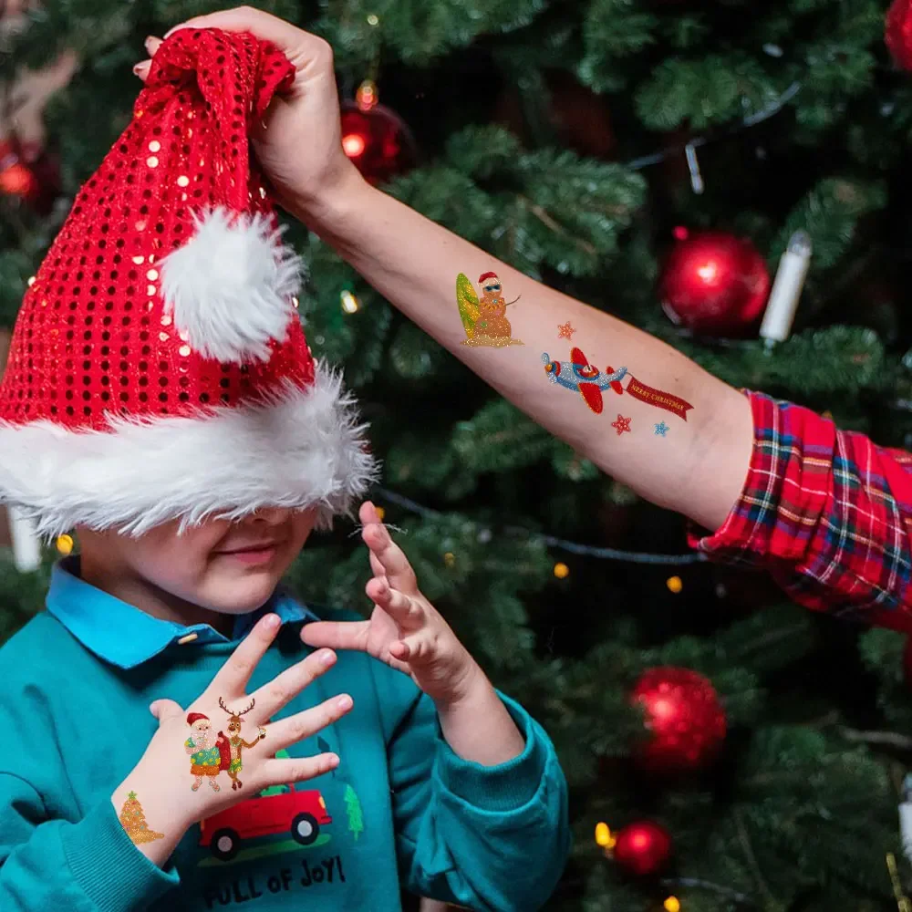 Pegatinas de tatuaje de cara de Navidad con purpurina para mujer, Tatuajes Temporales para el cuerpo, pegatinas de decoración de fiesta, tatuaje de mano de copo de nieve para niñas